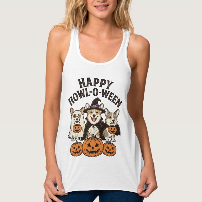 Happy Howl-O-Ween Corgi Halloween Dog Vector Desig Singlet (Front)