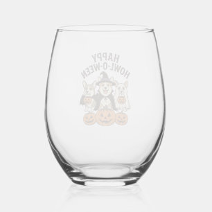 Happy Howl-O-Ween Corgi Halloween Dog Vector Desig Stemless Wine Glass