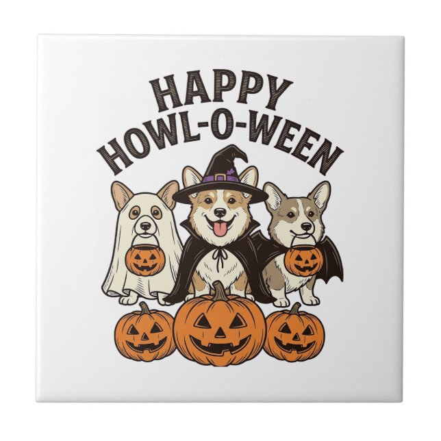 Happy Howl-O-Ween Corgi Halloween Dog Vector Desig Tile (Front)
