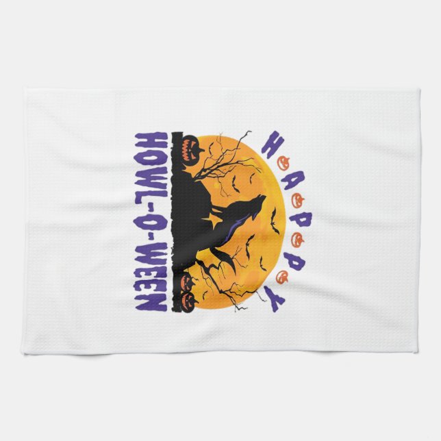 Happy Howl O Ween Howling Halloween Dog Essential  Tea Towel (Horizontal)
