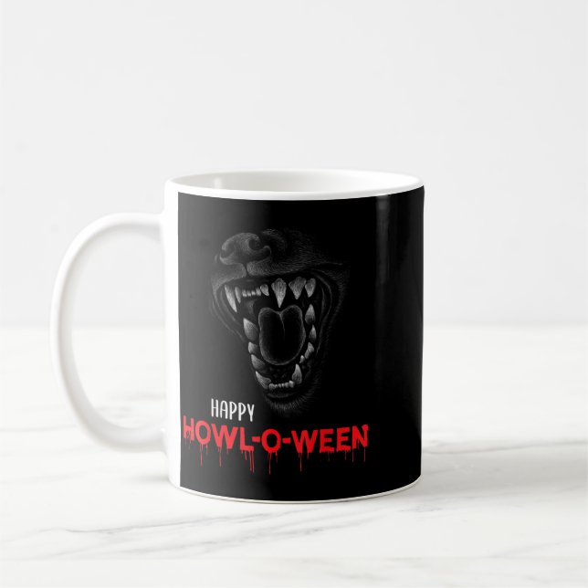Happy Howl-O-Ween Scary Howling Dog Wolf Teeth Coffee Mug (Left)