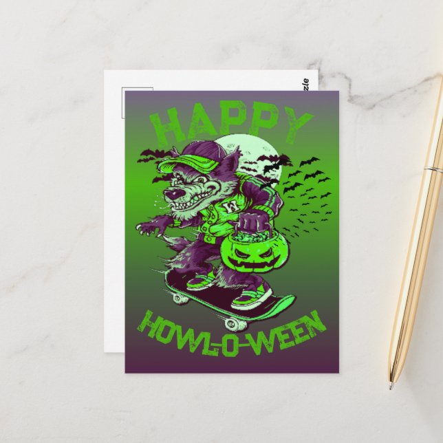 Happy Howl-o-ween Wolf Riding on Skateboard Postcard (Front/Back In Situ)
