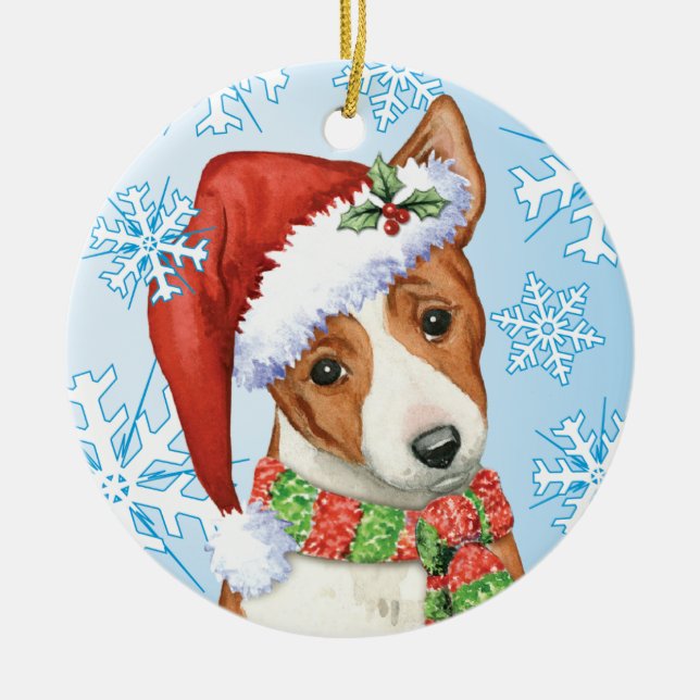 Happy Howliday Basenji Ceramic Tree Decoration (Front)