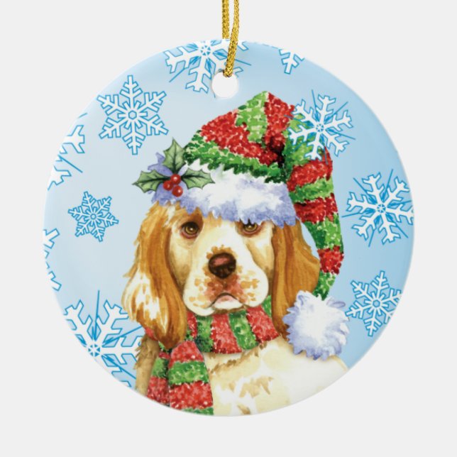 Happy Howliday Clumber Spaniel Ceramic Tree Decoration (Front)
