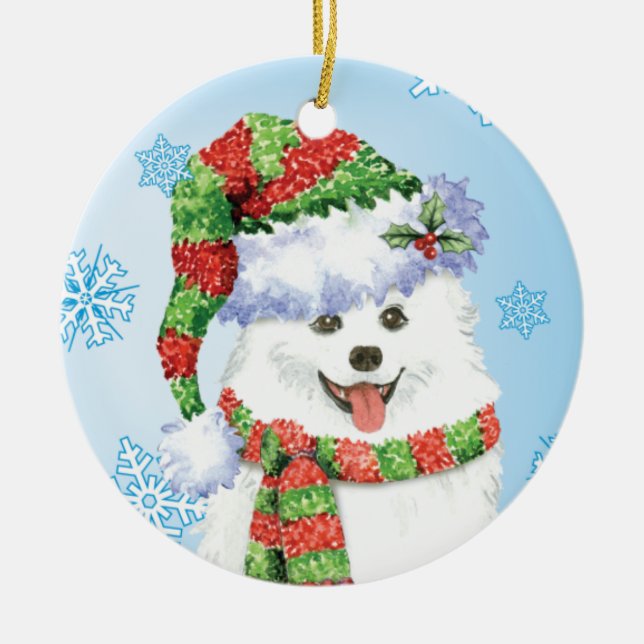 Happy Howliday Eskimo Dog Ceramic Tree Decoration (Front)