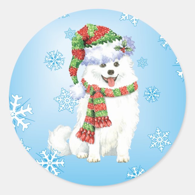 Happy Howliday Eskimo Dog Classic Round Sticker (Front)