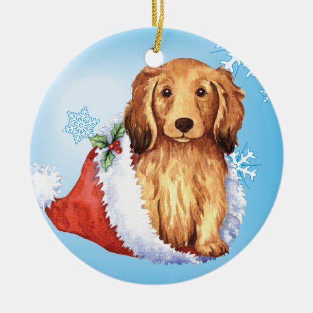 Happy Howliday Longhaired Dachshund Ceramic Tree Decoration (Front)