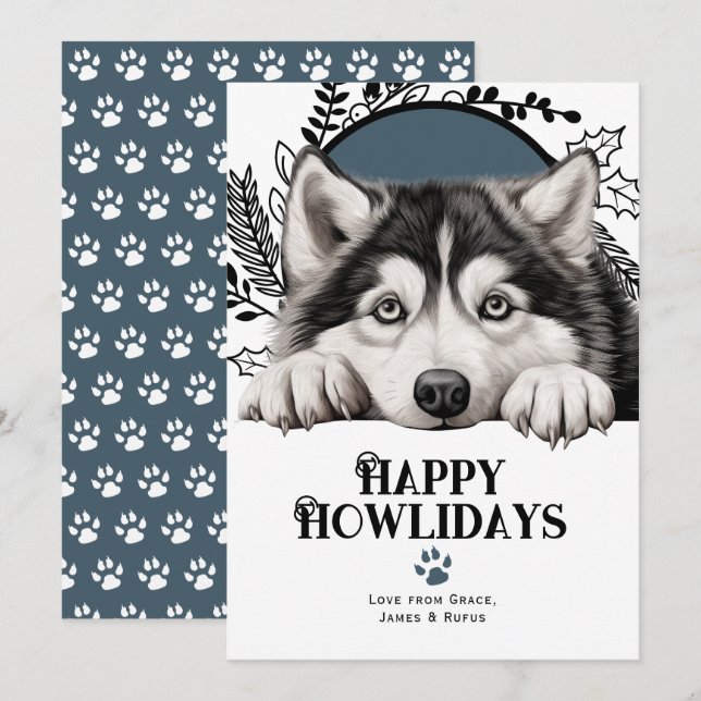 Happy Howlidays Alaskan Malamute Dog Christmas Holiday Card (Front/Back)
