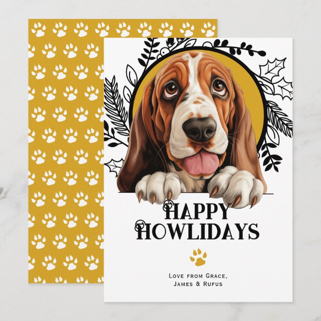 Happy Howlidays Bassett Hound Dog Christmas Holiday Card (Front/Back)