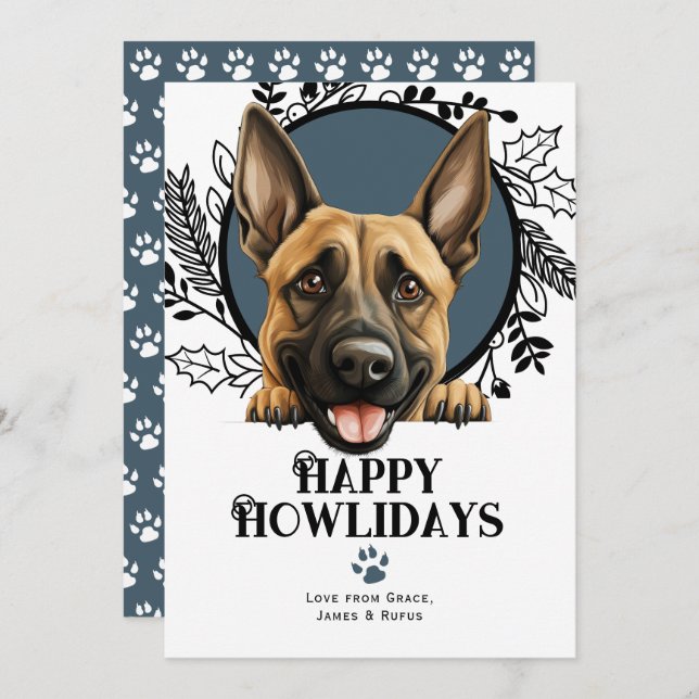Happy Howlidays Belgian Malinois Dog Christmas Holiday Card (Front/Back)