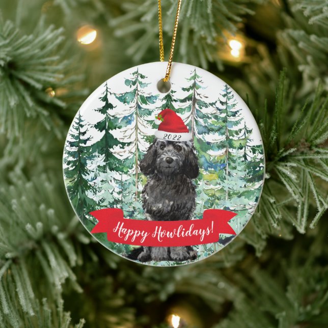 Happy Howlidays Black Cockapoo Dog Christmas Ceramic Tree Decoration (Tree)