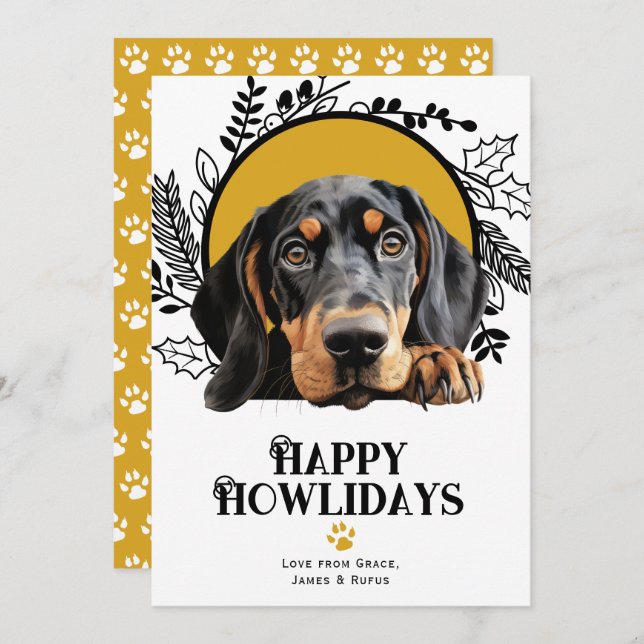 Happy Howlidays Black Tan Coonhound Dog Christmas Holiday Card (Front/Back)