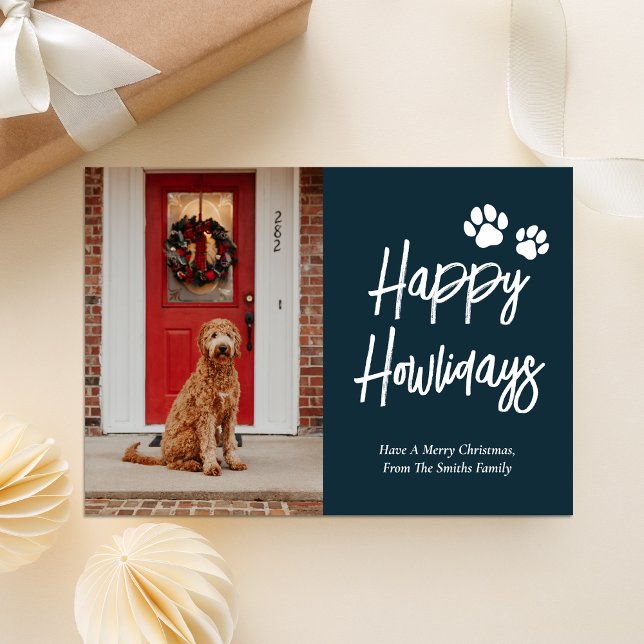 Happy Howlidays Blue Calligraphy Pet Photo Holiday Card (Creator Uploaded)
