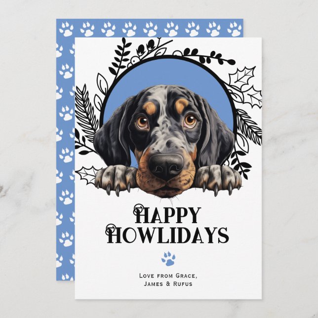 Happy Howlidays Bluetick Coonhound Dog Christmas Holiday Card (Front/Back)