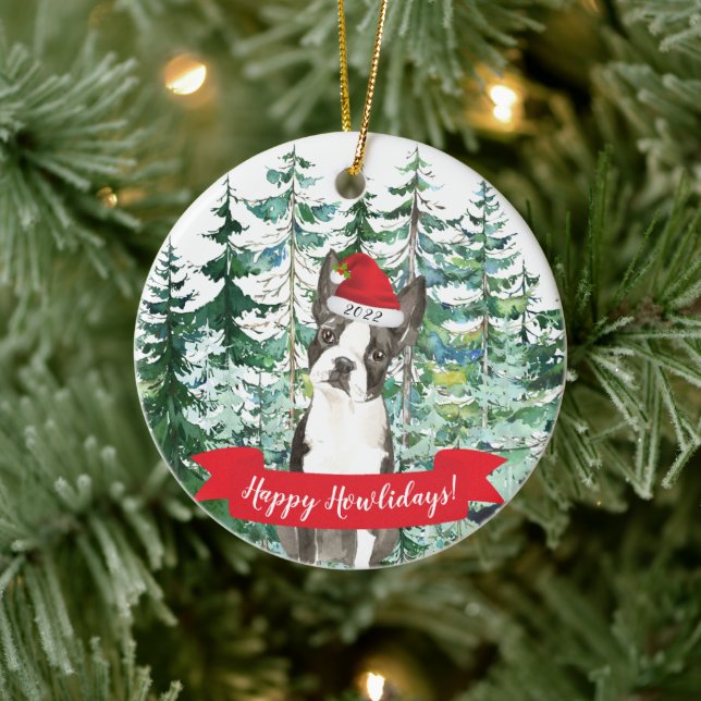 Happy Howlidays Boston Terrier Dog Christmas Ornam Ceramic Tree Decoration (Tree)