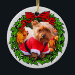 Happy Howlidays Custom Pet Photo Ceramic Tree Decoration<br><div class="desc">Green wreath with a bright red bow,  where you can add your favourite pet or family photo. Customise the back with your own special date or saying. Perfect for gift giving or your pet's first Christmas!</div>