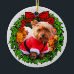 Happy Howlidays Custom Pet Photo Ceramic Tree Decoration<br><div class="desc">Green wreath with a bright red bow,  where you can add your favourite pet or family photo. Customise the back with your own special date or saying. Perfect for gift giving or your pet's first Christmas!</div>
