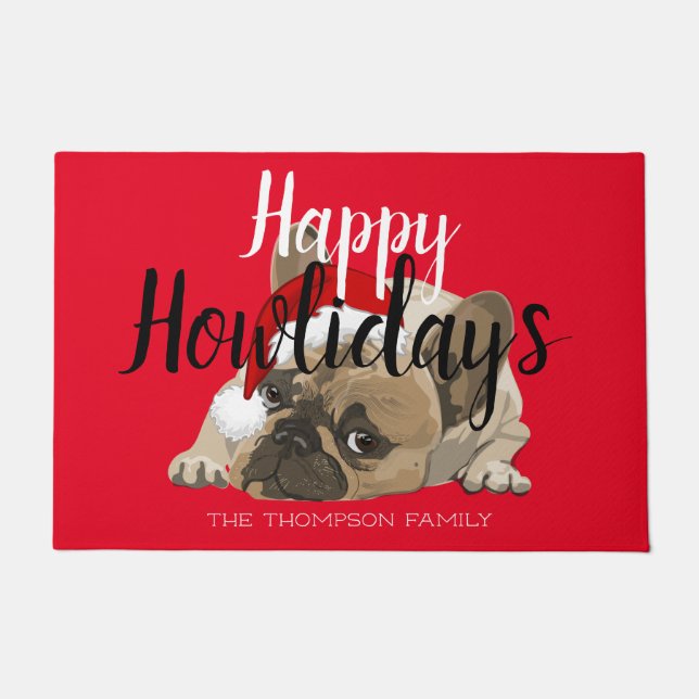 Happy Howlidays Cute french bulldog funny red Doormat (Front)