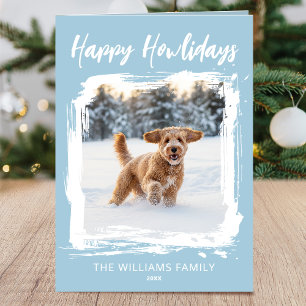 Happy Howlidays Dog 2 Photo Christmas Blue Modern Card