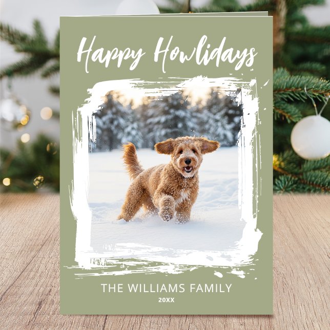 Happy Howlidays Dog 2 Photo Christmas Green Modern Card (Creator Uploaded)
