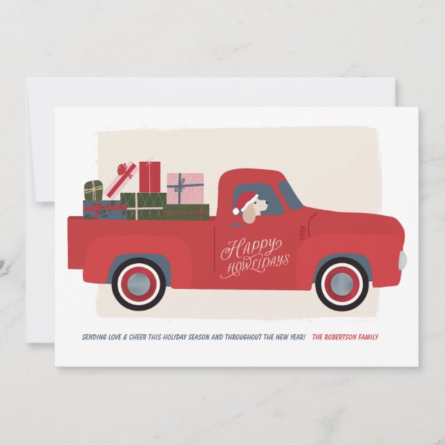 Happy Howlidays Dog in Truck Drawing Holiday Card (Front)