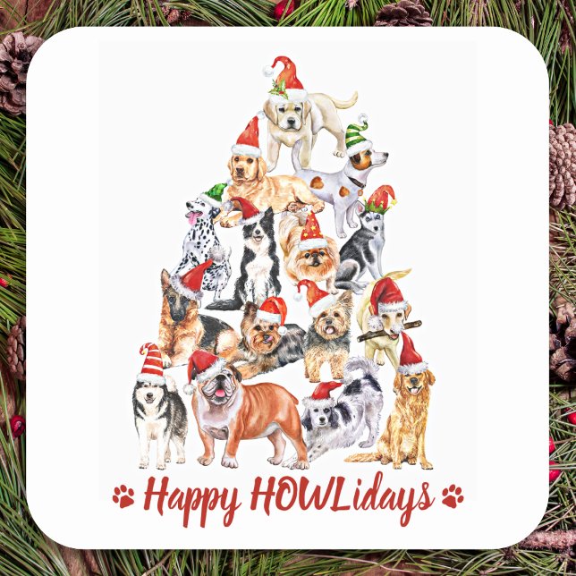 Happy HOWLidays Dog Lover Christmas Tree Dogs Square Sticker (Creator Uploaded)