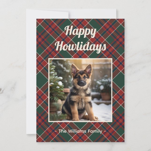 Happy Howlidays Dog Red Green Plaid Christmas Holiday Card (Front)