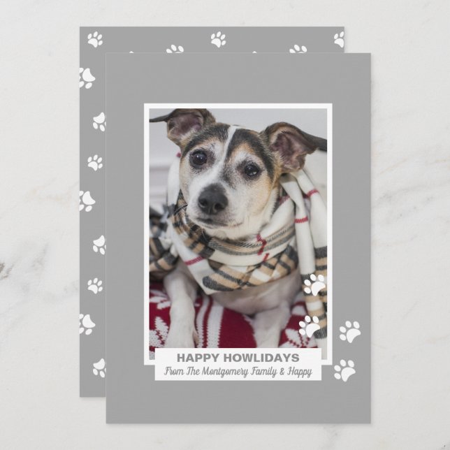 Happy Howlidays Dog with Paw Prints Pet Photo Holiday Card (Front/Back)