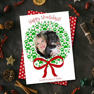 Happy Howlidays Fun Paw Print Wreath Photo Holiday Card