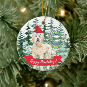 Happy Howlidays Golden Doodle Dog Christmas Orname Ceramic Tree Decoration