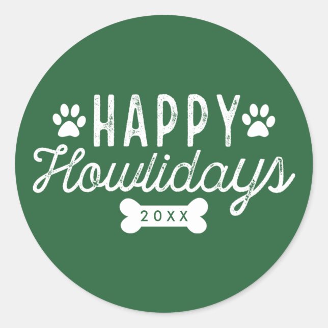 Happy Howlidays | Green Holiday Classic Round Sticker (Front)