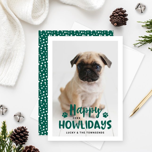 Happy Howlidays Green Puppy Dog Photo Holiday Card (Creator Uploaded)