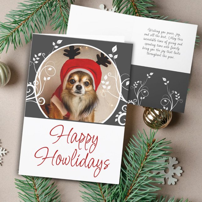 Happy Howlidays Grey Foliage Dog Name Photo Holiday Card (Creator Uploaded)