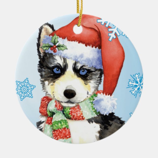 Happy Howlidays Husky Ceramic Tree Decoration (Front)