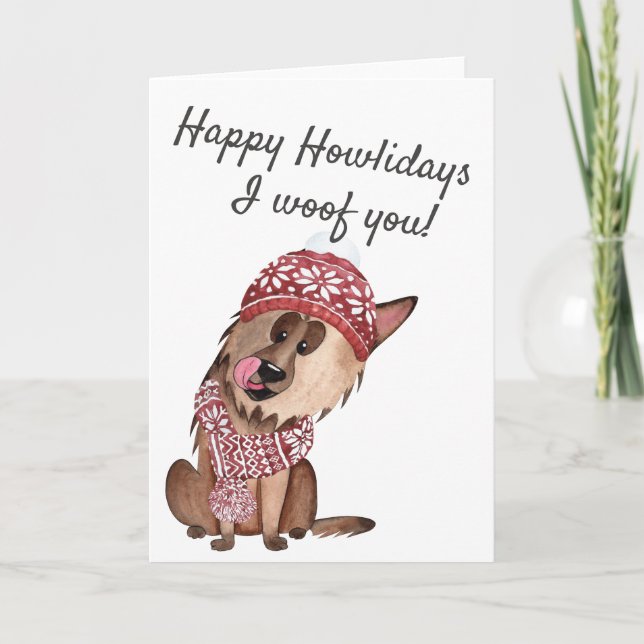 Happy Howlidays I Woof You German Shepherd In hat Holiday Card (Front)