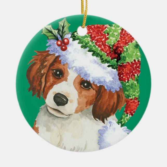 Happy Howlidays Kooikerhondje Ceramic Tree Decoration (Front)