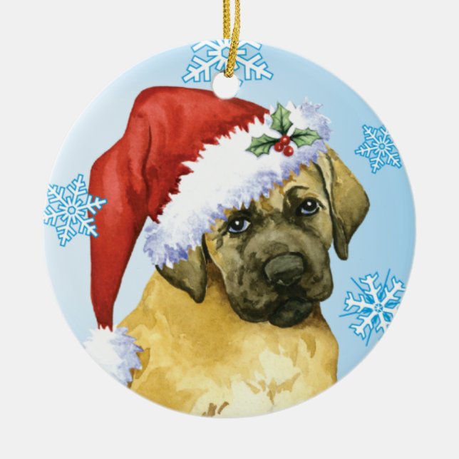 Happy Howlidays Mastiff Ceramic Tree Decoration (Front)