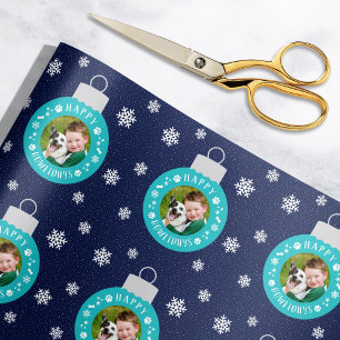 Happy Howlidays Navy Custom Dog Photo Wrapping Paper