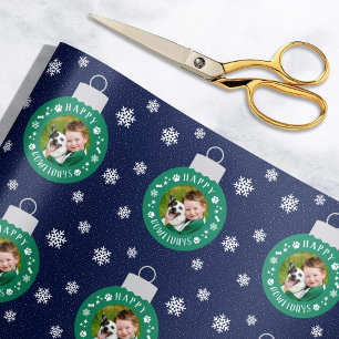 Happy Howlidays Navy Green Custom Pet Dog Photo Wrapping Paper