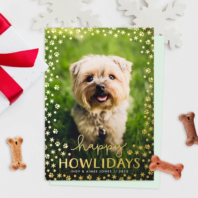 Happy Howlidays Pet Lover Gold (funny humor happy howlidays Christmas holiday photo cards for dog people with real foil paw prints)