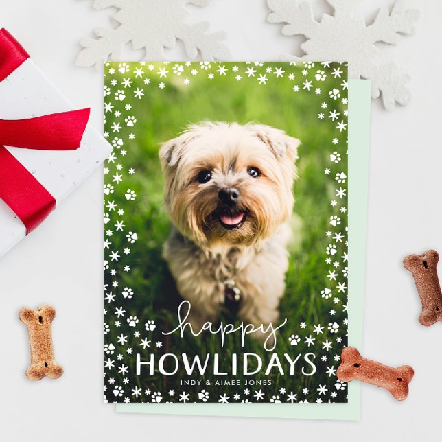 Happy Howlidays Pet Lover Holiday Photo Card (funny humor happy howlidays Christmas holiday photo cards for dog people with paw prints)