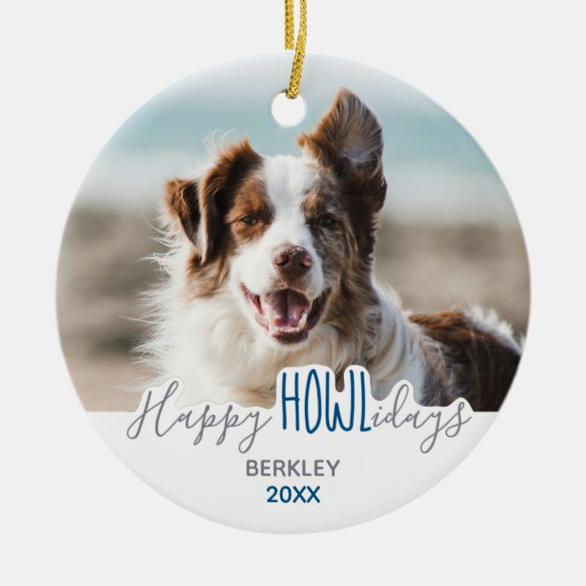 Happy HOWLidays Pet Photo Kids Puppy Dog Christmas Ceramic Tree Decoration (Front)