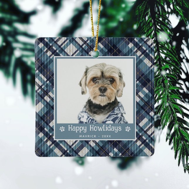Happy Howlidays Plaid Dod Photo Christmas Ceramic Ornament (Creator Uploaded)