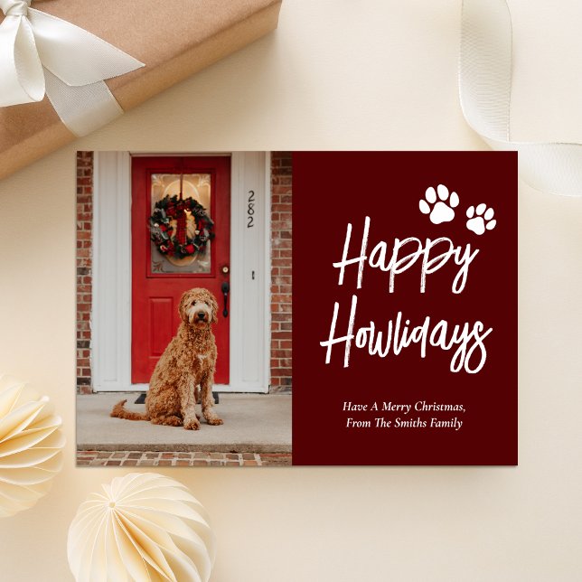 Happy Howlidays Red Calligraphy Pet Photo Holiday Card (Creator Uploaded)