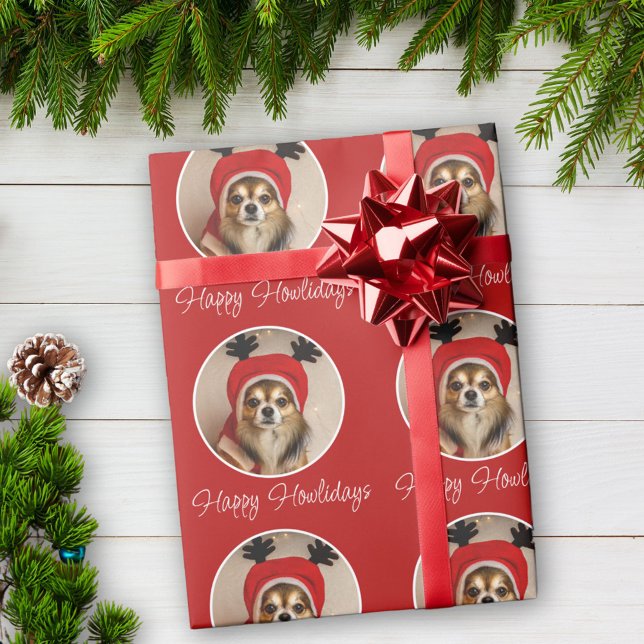 Happy Howlidays Red Dog Pet Photo Wrapping Paper (Creator Uploaded)