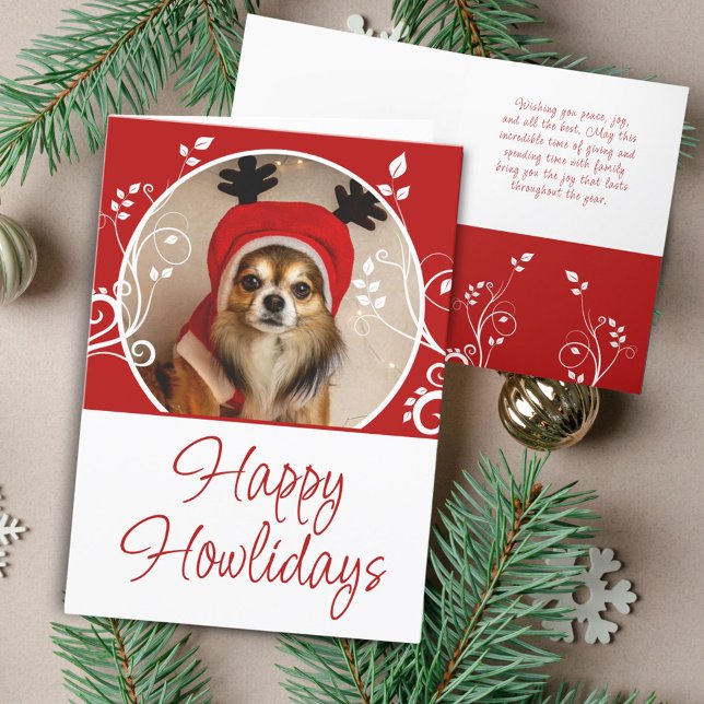 Happy Howlidays Red Foliage Dog Name Photo  Holiday Card (Creator Uploaded)