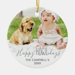 Happy HOWLidays Silver Grey Holiday Pet Photo Ceramic Tree Decoration