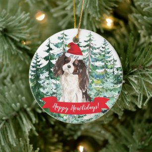 Happy Howlidays Tri colour King Charles Christmas  Ceramic Tree Decoration