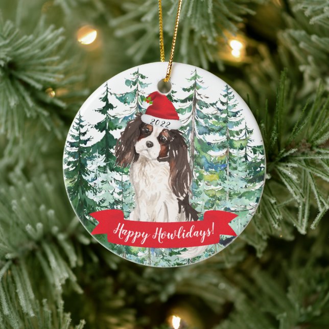Happy Howlidays Tri colour King Charles Christmas  Ceramic Tree Decoration (Tree)