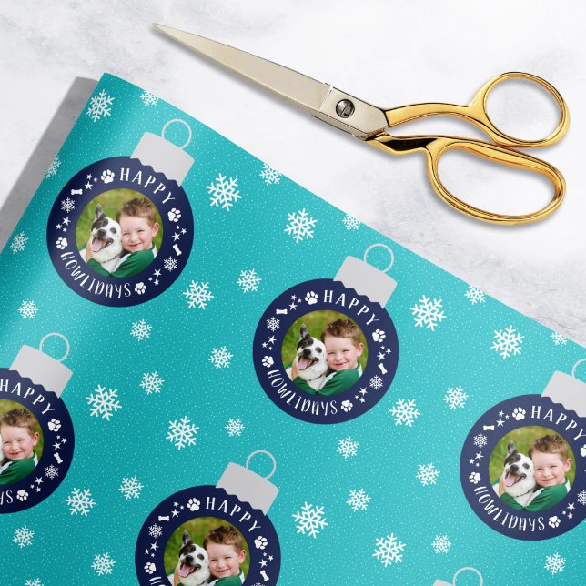 Happy Howlidays Turquoise Custom Dog Photo Wrapping Paper (Creator Uploaded)